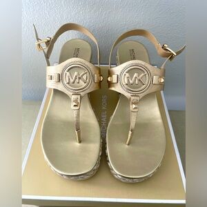 Michael Kors Aubrey Cutout Leather Wedge Women’s Sandals Shoes Size 10 Gold NIB